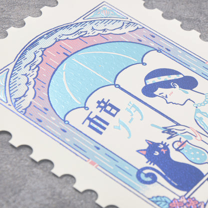 S-575 | ROKKAKU x ob1toy 復古郵便系列 箔押明信片 第二弹 (雨音汽水)